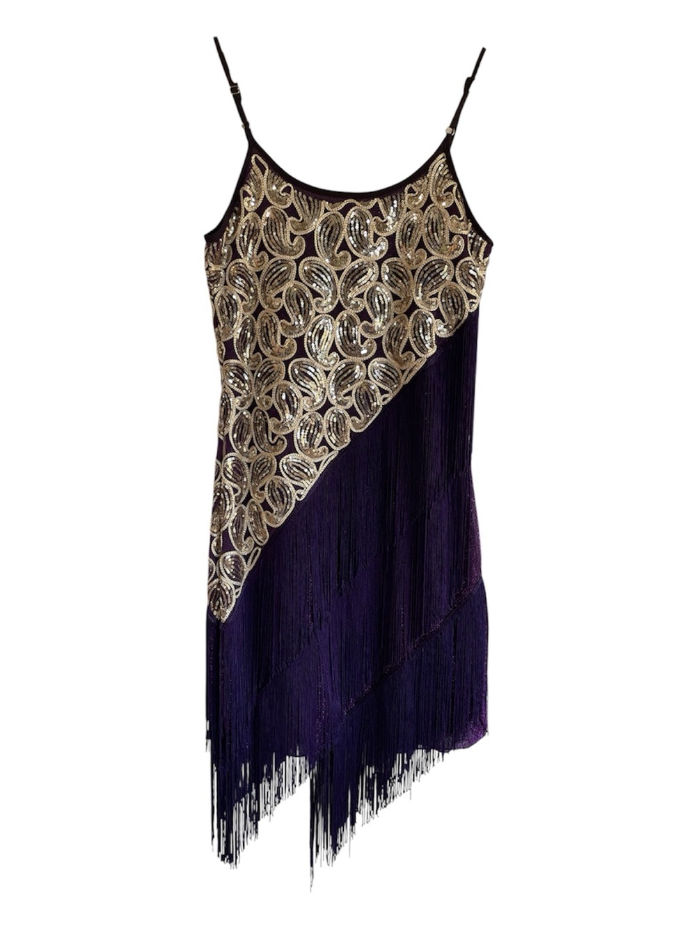 Elegant Purple Fringe Midi Dress with Gold Sequin Accent
